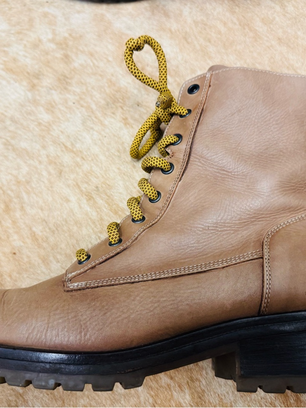 Women's Combat Moto Boots in Taupe with Yellow Laces
